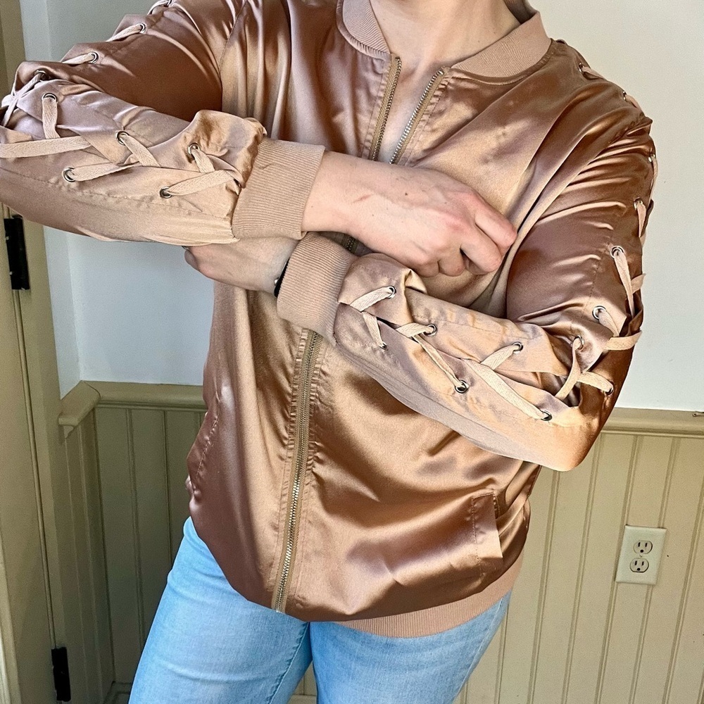 Carli Bybel Missguided Lace Up Arm Satin Long Bomber Jacket Tan Sz 8 Relaxed Fit - Picture 5 of 13